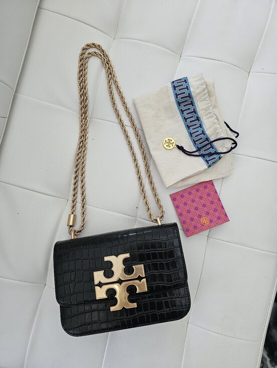 Tory Burch Handbags - Authentic Tory Burch Black Croc-Embossed Crossbody with Gold Logoa